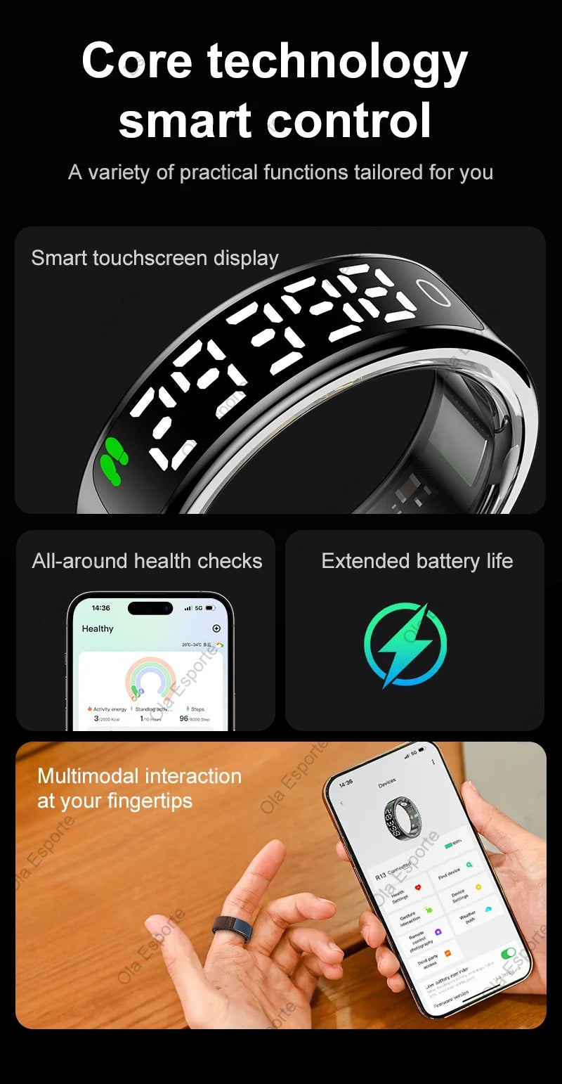 2025 Smart Ring with Display Screen and Touch, Wireless Charging Case,Health Manager, 5ATM Waterproof For Men Women R12 R13 Ring
