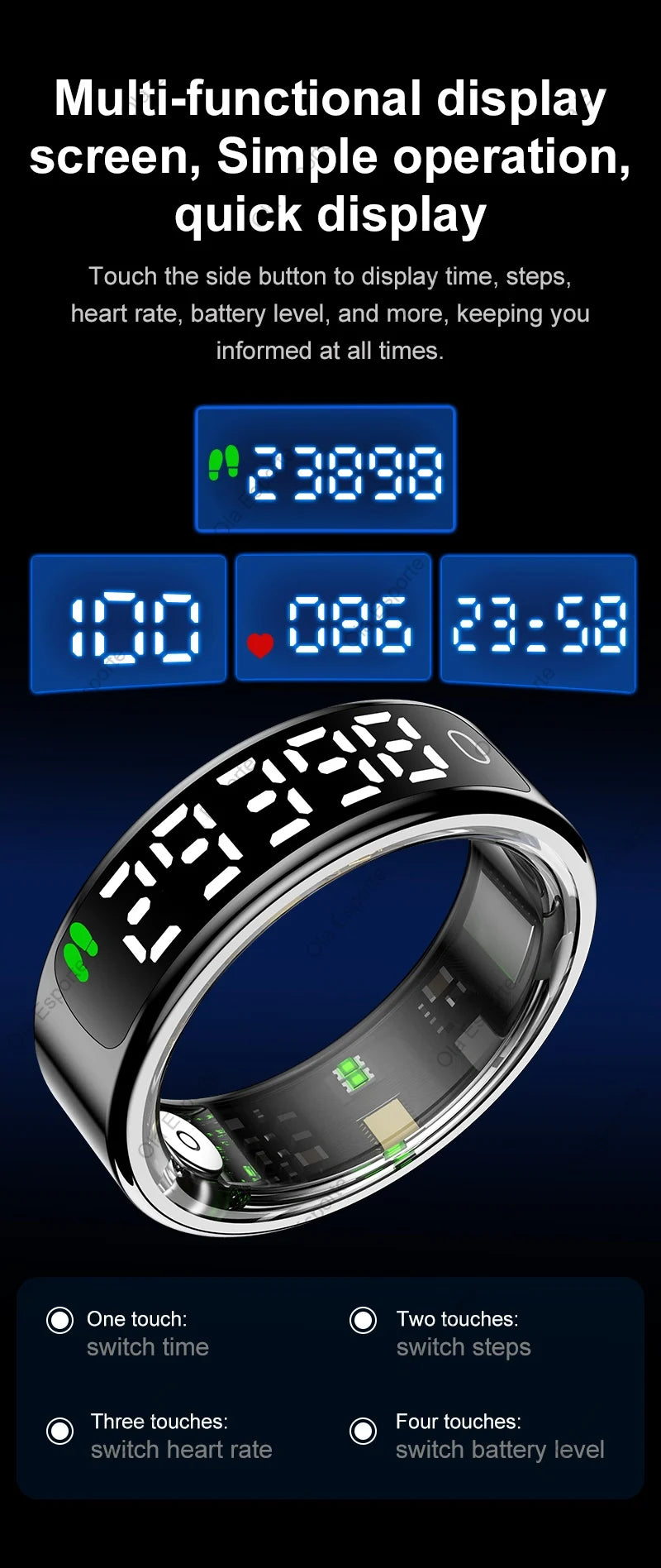 2025 Smart Ring with Display Screen and Touch, Wireless Charging Case,Health Manager, 5ATM Waterproof For Men Women R12 R13 Ring